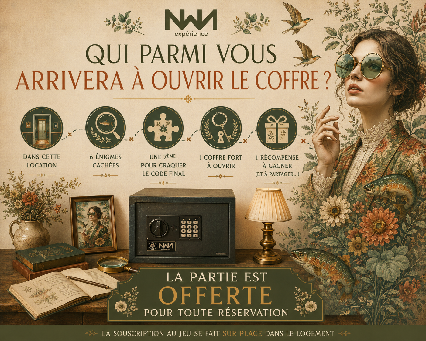 Escape game offert au gîte : six énigmes cachées, une septième pour trouver le code final et un coffre avec une récompense.